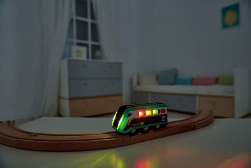 Hape Solar Powered Train | Multi-Colored Train Engine Toy, Railway Track Accessory, Solar Panel Powers Lights, Includes