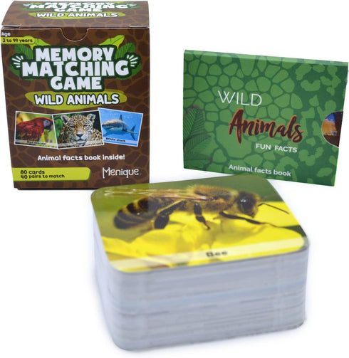 Menique Wild Animals Memory Matching Game, 80 Cards with Real Photos, Educational Booklet Included for Kids & Adults