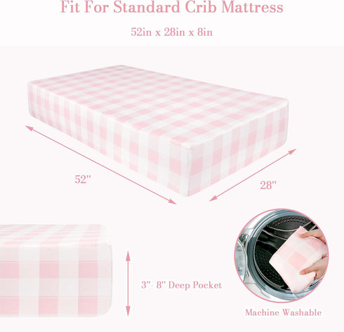 Set Pink Checkered Fitted Crib Sheets & Nursing Pillow Cover for Baby Boys and Girls