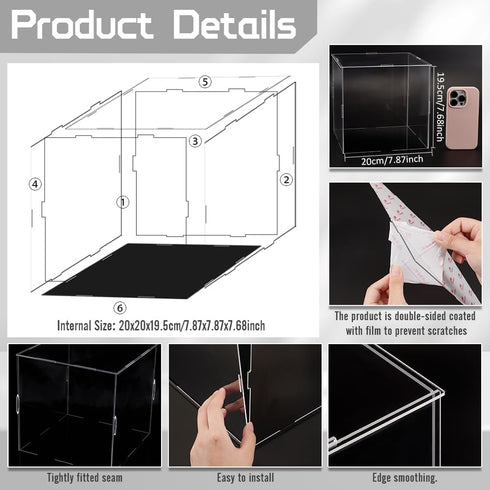 FINGERINSPIRE Clear Plastic Minifigure Display Cases, 8.3x8.3x8inch Dustproof Box with Black Base for Models and