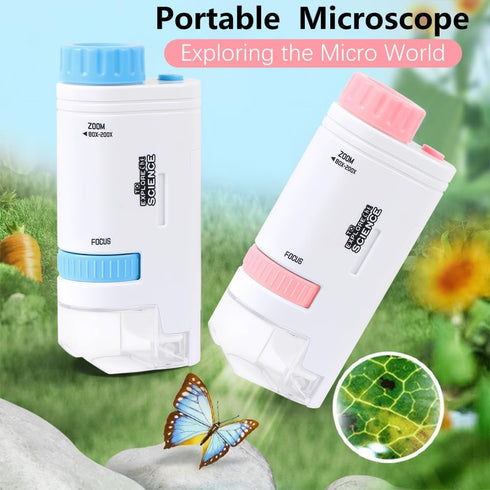 Microscope Pocket Handheld Miniscope 80X-200X Portable with LED Light for Learning and Exploring (Pink)