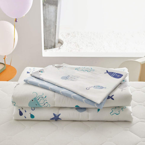 Joyreap 4 Set Piece Cotton Toddler Bedding for Kids Boys n Girls, Ocean Style Starfish Whale Crab Printed, Includes