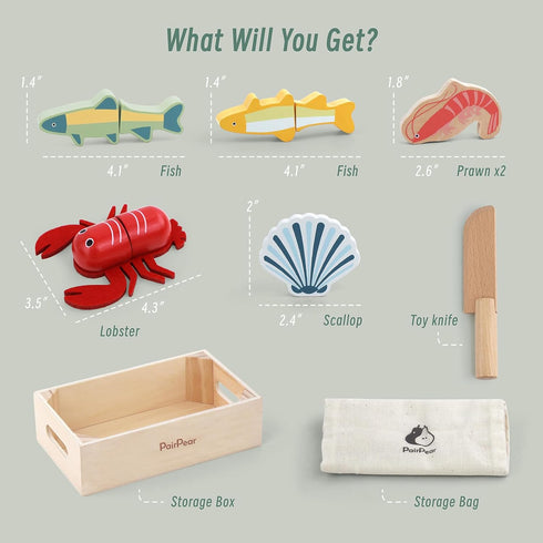 Set 3 PairPear Wooden Play Food Cutting Seafood - Toddlers Wooden Toy Food Pretend Play Kitchen Accessories for Years