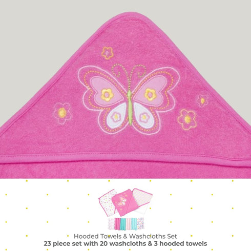 Set 23-Piece Set, GBA23 07) Spasilk Bath Hooded Towels & Washcloths for Babies, Gift Pink Butterfly, (Gift