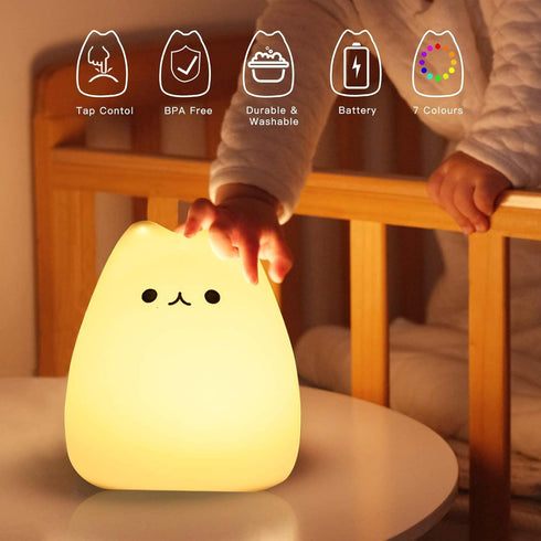 ZKLiLi Cat Night Light, USB Rechargeable Cute Nursery Lamp with Warm White and 7-Color Breathing Modes