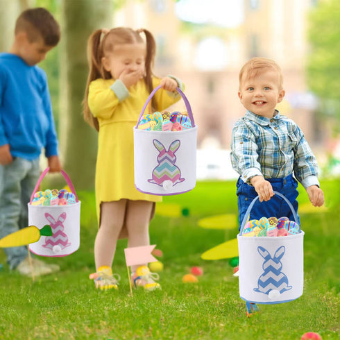 Cootato Easter Bunny Basket Bags for Kids, Personalized Canvas Cotton Bucket with Stripe Rabbit Pattern for Egg Hunt