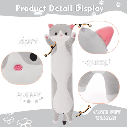 Long Cat Plush Pillow - 19.6in Cute Cat Plushie Stuffed Animals Body Pillow - Grey Kawaii Kitten Soft Plushie Doll Toy