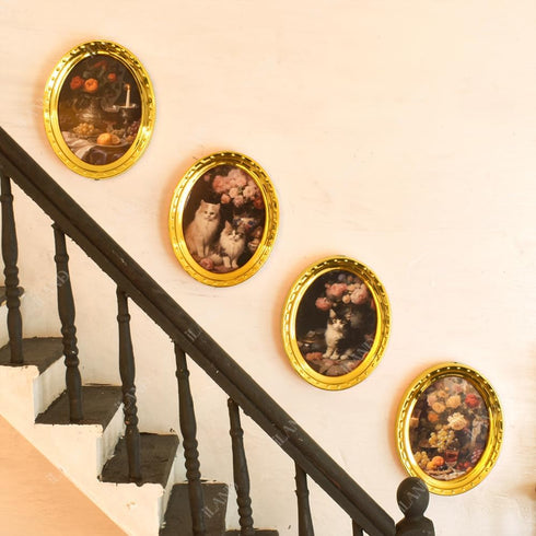 iLAND Miniature Dollhouse Accessories, 4 Picture Frames Set with Printed Paintings in Golden Color
