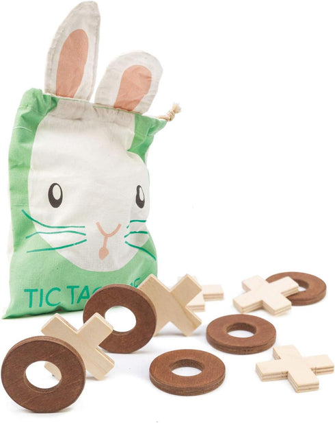 Tender Leaf Toys Wooden Tic Tac Toe Game with Bunny Drawstring Bag - Travel Board Game for Kids & Adults - Age 3+