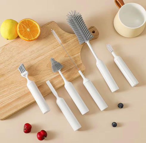 Theodate Pierre Set, 6 Baby Bottle Brush Silicone, White and Gray, Piece, Base Supprt, for Bottles, Nipple, Straws