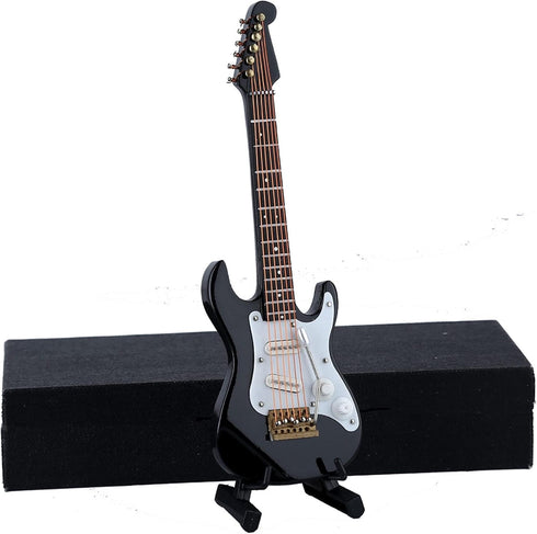 Dselvgvu Wooden Miniature Electric Guitar with Stand and Case, Dollhouse Model Birthday Present (Black,