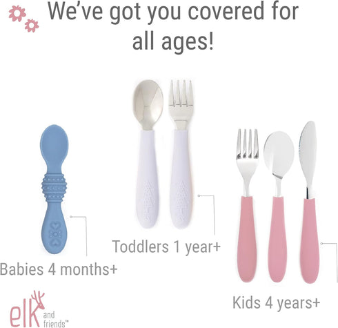 Elk and Friends Kids Silverware, Silicone Handle Flatware, Safe Toddler Utensils, Baby Spoons and Forks, Stainless