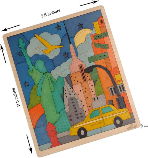 New York City Puzzle for Kids, 75 Piece Wooden Jigsaw Puzzle, Educational Toys for Boys Girls 3+ Years