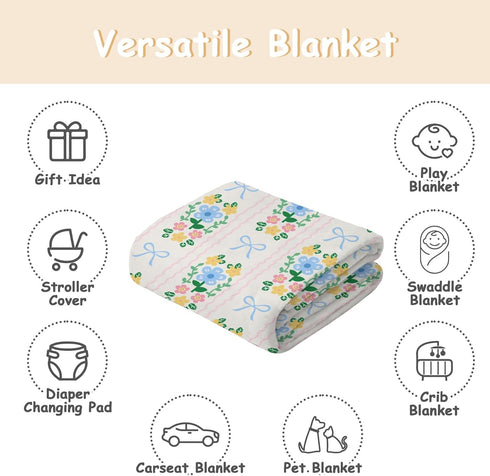 Cstdyfrv Summer 60x80in Wildflowers Bows Baby Blankets for Boys Girls Vintage Floral Pink Blue Bows Swaddle Receiving