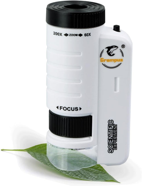Grampus 60x-200x LED Pocket Microscope Portable Handheld STEM Toy for Kids Adults, Mini