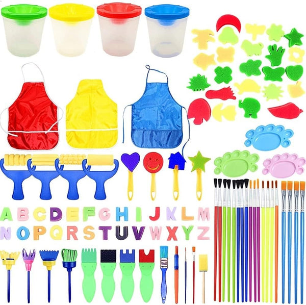 Paint Brushes for Kids with No Spill Paint Cups and Art Smock, 100PCS Brush Set for Toddler Watercolor and Acrylic Paint