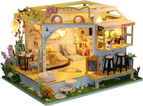WonDerfulC Cat Cafe Wooden Miniature Dollhouse Kit DIY Pet Coffee Shop Model with Furniture, LED Light, Music Box (No