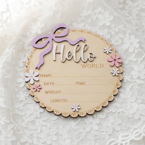 TTMerriwood Hello World Wooden Baby Birth Announcement Sign, Pink Floral Newborn Name Date Time Weight Length Board