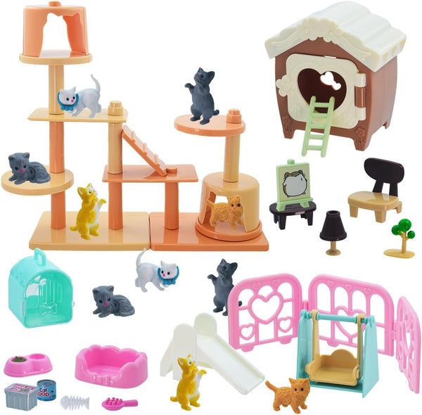 Pet Pretend Play Toys - 48Pcs Cat Figures for Kids, Realistic Cat Care Center with Accessories Toy Sets