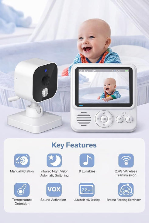 AnKeKe 2.4GHz 2.8'' 2-Way 720p Baby Monitor with Camera and Audio, No WiFi, Video Baby Monitor, Screen, Talk, Night