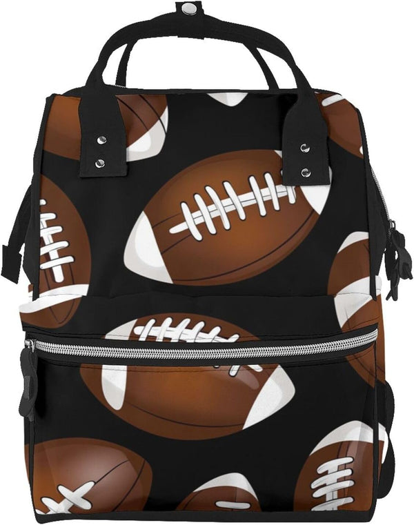 ZSUUGJ Brown Football On Black Printed Diaper Bag Backpack Baby Bag Multi Function