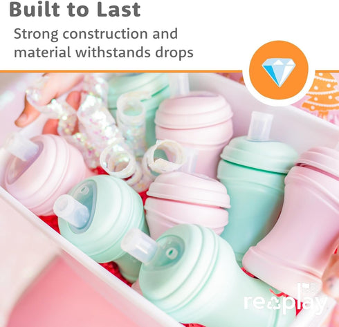 8oz Pack 2 Re-Play of Transition Sippy Cups for Baby Toddler, Medical Grade Silicone Soft Spout & Travel Lid, Easy