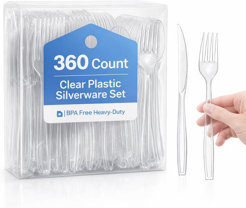 Triplenet Pricing Disposable Clear Plastic Silverware Set, 360 Count, BPA-Free Heavy Duty