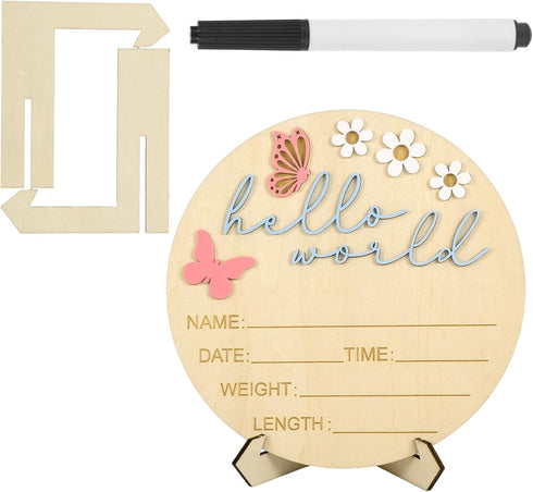 Penitue Hello World Newborn Sign, 15cm/5.9in Wooden Baby Birth Name Announcement Sign with