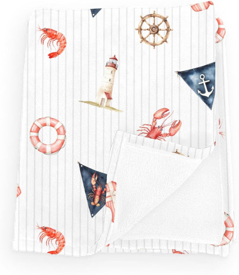 Wicbfdfv Cute Coastal Lighthouse Rudders Anchors Stripe Baby Boy Girl Blankets Shrimp Lobster