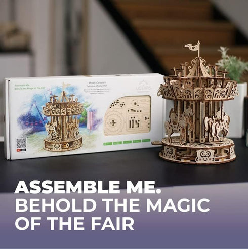 UGEARS Carousel Wooden Mechanical 3D Model, Self-Assembling Craft DIY Kit for Adults and Teens
