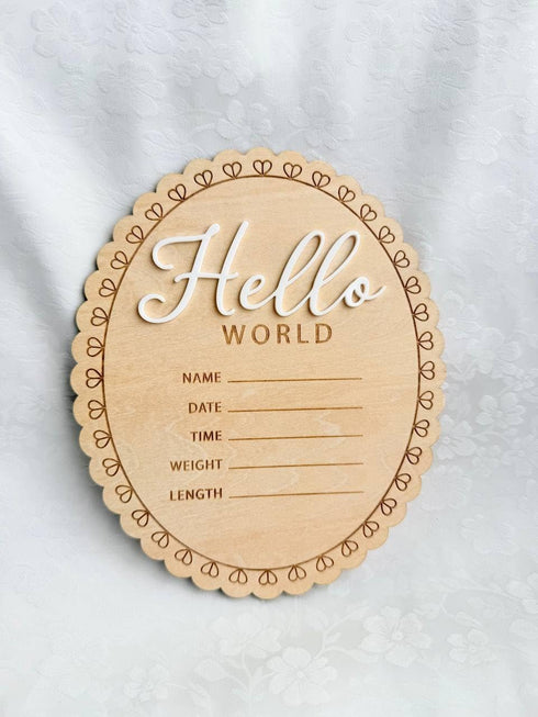 Kemmintvn Hello World Baby Wooden Ornament, Newborn Birth Announcement Plaque, Baby Milestone Keepsake, Nursery Decor