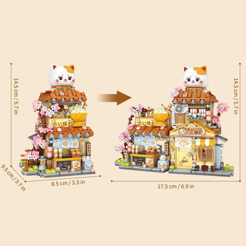 Set,Openable 923PCS 8+ Lucky Cat Building Taiyaki Shop Mini Brick Building Toy for Boys Girls Age