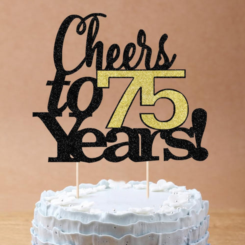 LVEUD Black Font Golden Numbers Cheers to 75 Years Happy Birthday Cake Topper - Wedding, Anniversary Decorations