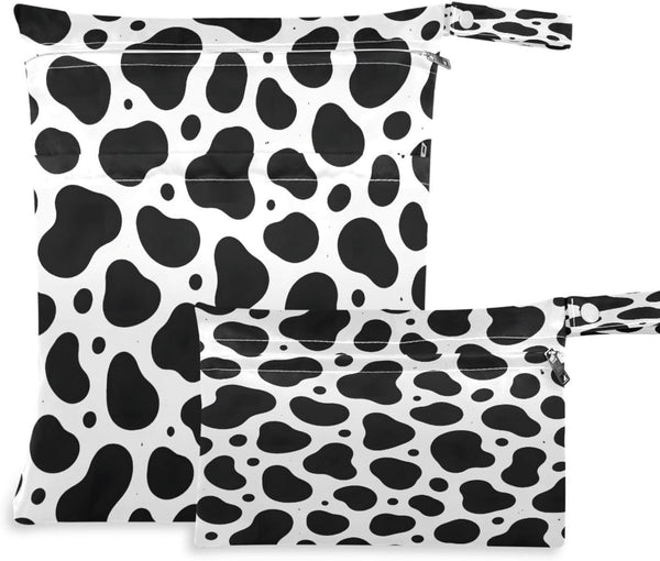 Haskirky Cow Print Black White 2 Pcs Cloth Diaper Wet Dry Bags,Waterproof and