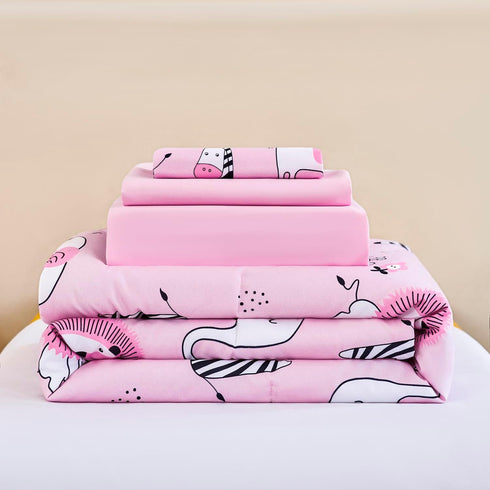 4-Piece Set Set URBONUR Toddler Bedding - Ultra Soft Cartoon Pink Zoo Animals Girls Toddler Comforter - Include