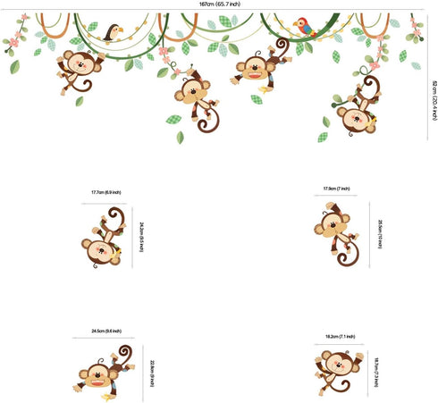 DECOWALL DW-1507S Monkeys on Vine Kids Wall Stickers - Peel and Stick Removable Wall Decals for Nursery Bedroom Decor