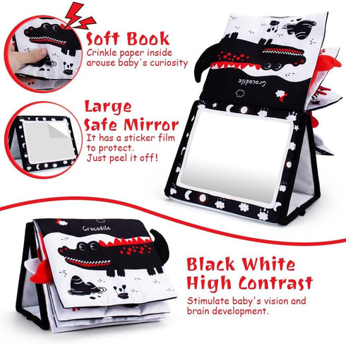 Tummy Time Mirror with Soft Book, Black and White High Contrast Baby Toys for Crawling