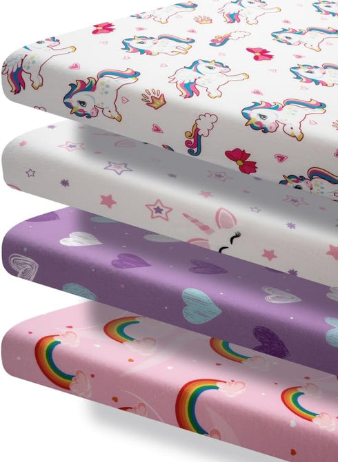 Jola's House 4 Pack Set Soft Baby Girl N Play Sheets for Mini Crib Mattress Unicron Rainbow Heart Cute Neutral
