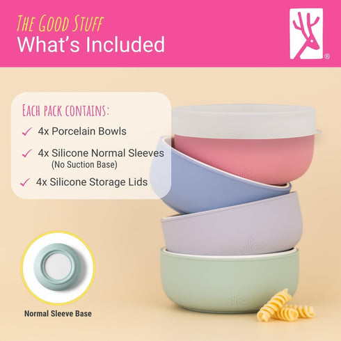 Elk and Friends Kids Porcelain Bowls with Silicone Sleeve + Silicone Lid | Kids/Toddler/Baby Feeding | Microwave