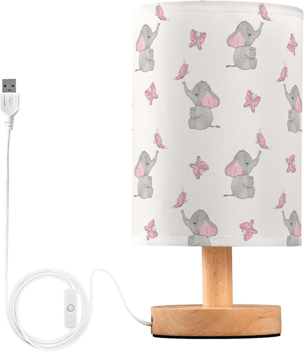 YYZZH Cute Elephant Baby Play Nightstand Lamp with Wood Base Fabric Shade for