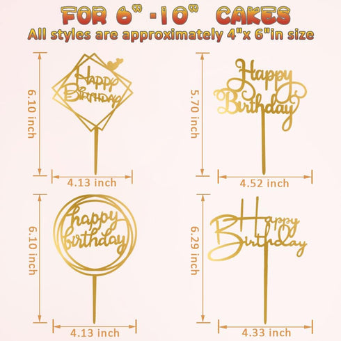 10-Pack Happy Birthday Cake Toppers, Gold Acrylic Cake Supplies, 4inchx6inch