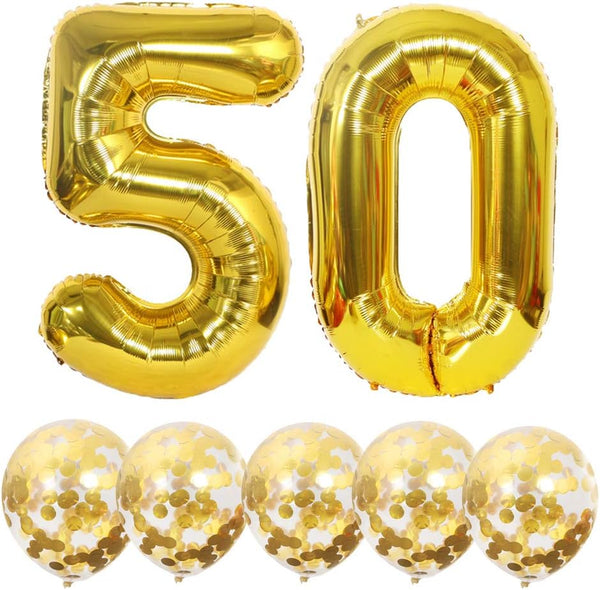 Number 50 and Gold Confetti Balloons, 40 Inch Gold Number 50 Balloon with 5PCS 12 Inch Gold Confetti Balloons