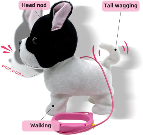 3+ YH YUHUNG Walking French Bulldog Toy with Leash, Black & White Frenchie Puppy Robot, Electronic Barking & Wagging