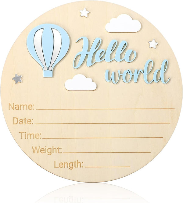 Penitue Wooden Baby Announcement Sign, Hello World Newborn Board Signs for Boys &