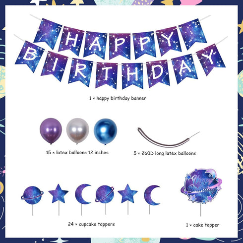 Galaxy Birthday Party Decorations for Kids, Happy Birthday Banner, Outer Space Metallic Balloons, Planet Star Cake