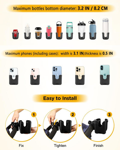 2-in-1 360 Universal Stroller Cup Holder with Mobile Phone Case, Strollers Storage Rack, Degrees Rotation Drink Holder