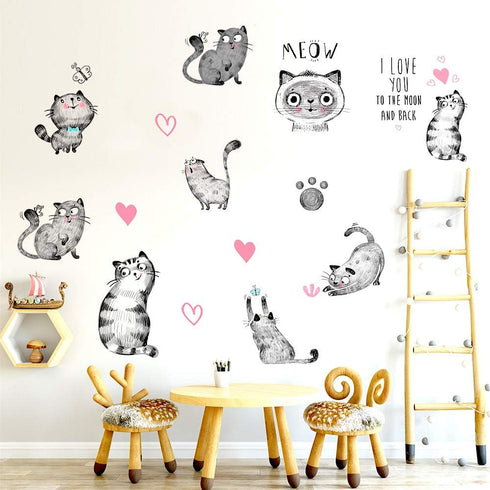 Cartoon Cats Wall Decals - MAIYU 9 Cute Kittens with Butterfly Heart Paw Print Stickers for Kids Room