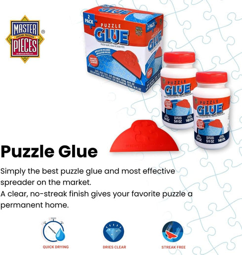2 Pack, 5 oz MasterPieces Puzzle Glue with Wide Plastic Spreader, Easy to Apply, Dries Quick and Clear, Protects