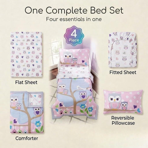 4 Set 100% EVERYDAY KIDS Piece Toddler Bedding - Owls - Soft Cotton Percale - Includes Comforter, Flat Sheet, Fitted