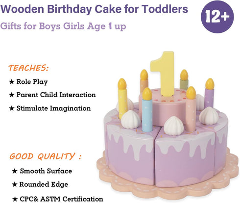 Wooden Birthday Fake Cake with Candles and Numbers - Pretend Play Food for Toddlers 1-3, Tea Party Learning Kitchen